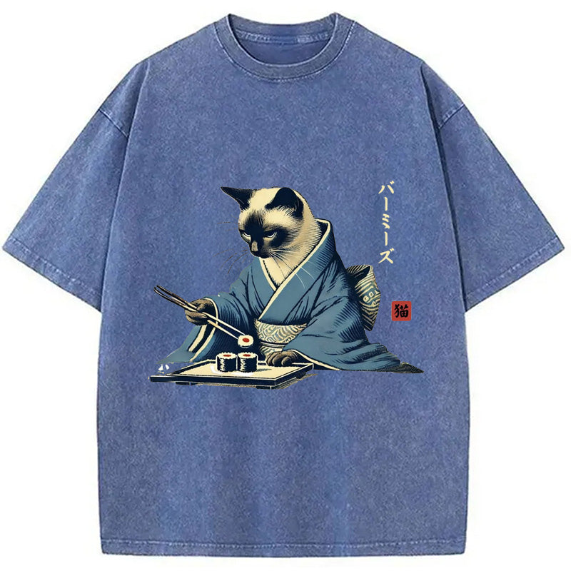 bbb Cat In Kimono Eating Sushi Washed T-Shirt