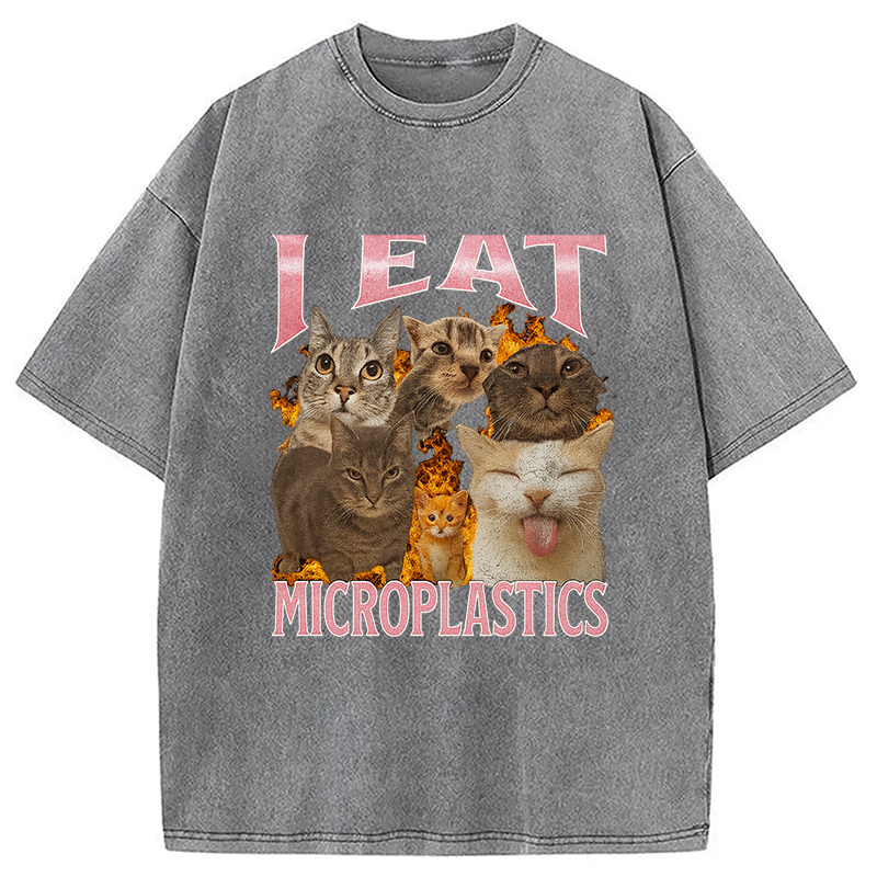 bbb I Eat Microplastics Funny Cat Meme Washed T-Shirt