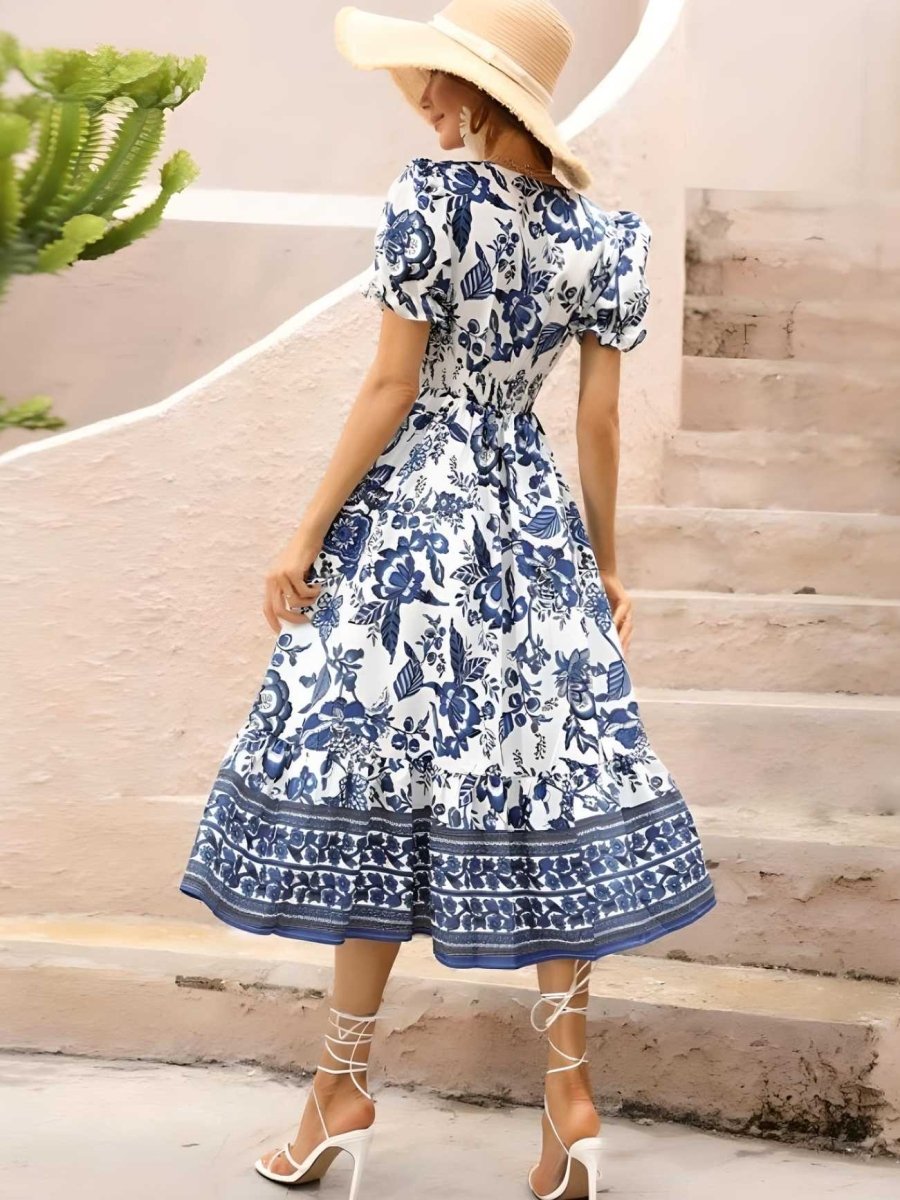 Floral Print Women's Dress with Unique Puffy Sleeves and Bunk Collar for Wedding Guest or Formal Occasions
