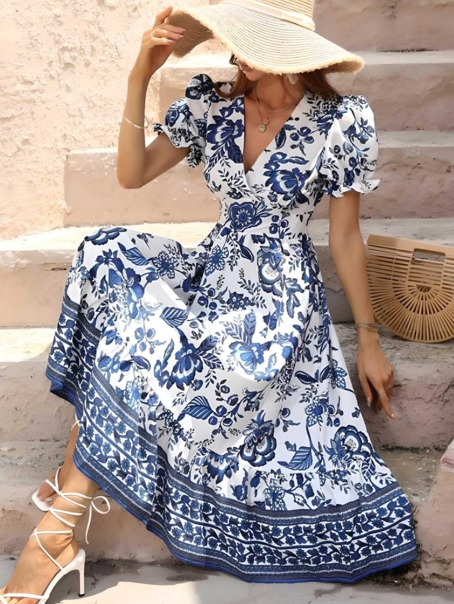 Floral Print Women's Dress with Unique Puffy Sleeves and Bunk Collar for Wedding Guest or Formal Occasions