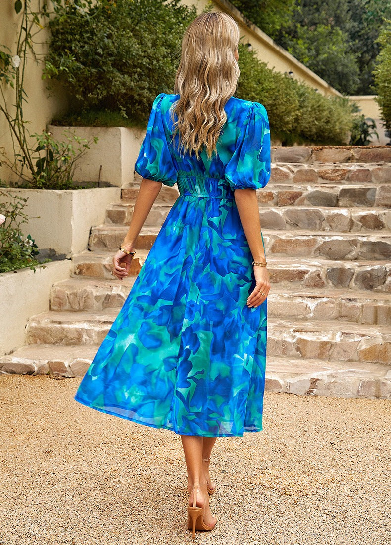 Womens Summer Midi Dress with Puff Sleeves and Floral Print, Elegant Wedding Guest Dress for Summer Events