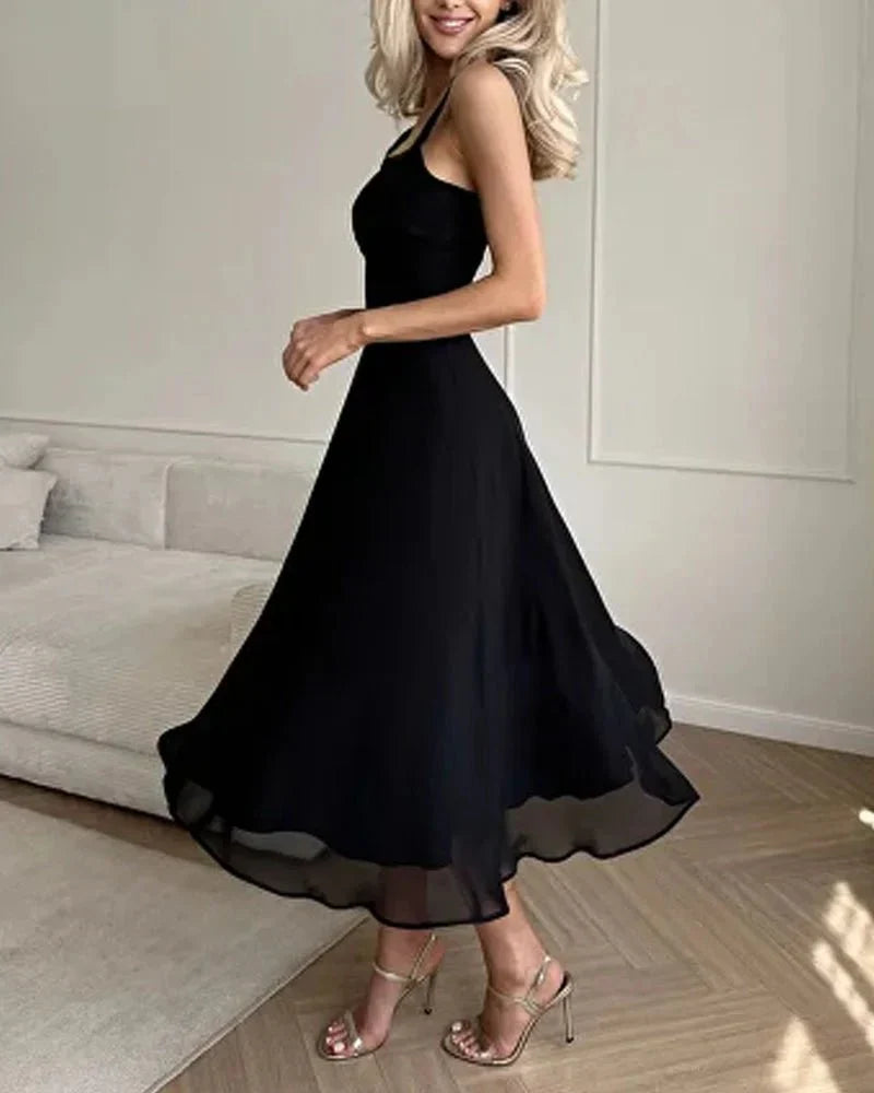 Elegant Chiffon Wedding Guest Dress with Angular Neckline, Flowing Formal Cocktail Dress for Special Occasions