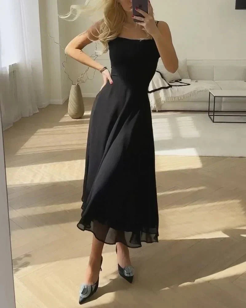 Elegant Chiffon Wedding Guest Dress with Angular Neckline, Flowing Formal Cocktail Dress for Special Occasions