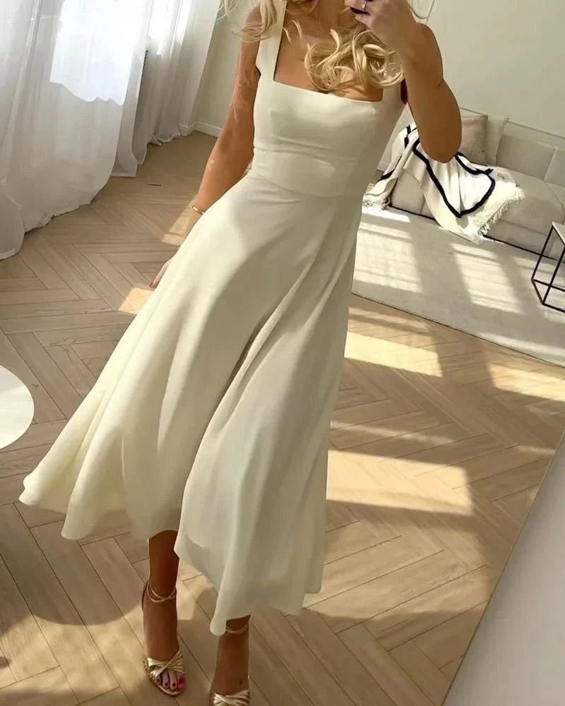 Elegant Chiffon Wedding Guest Dress with Angular Neckline, Flowing Formal Cocktail Dress for Special Occasions
