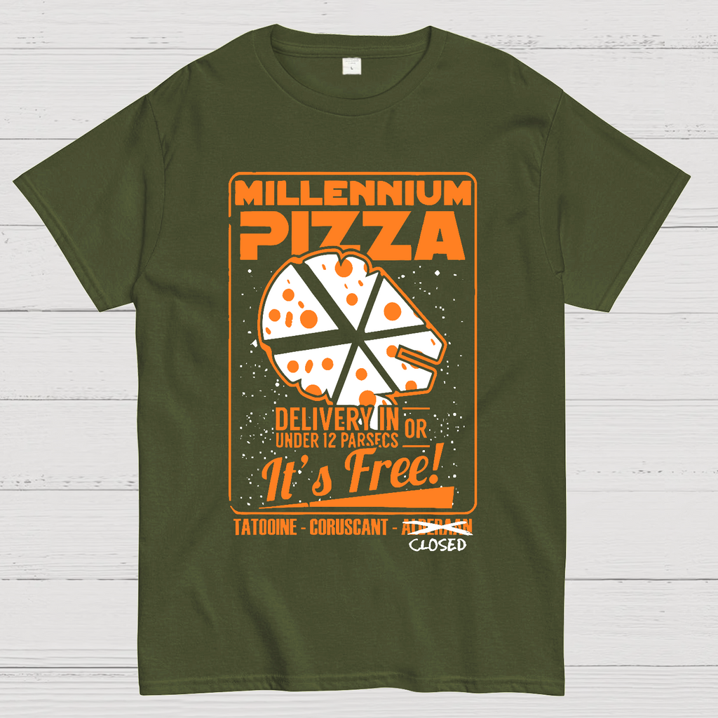 Millennium Pizza Delivery In Or Under 12 Parsecs It's Free! Tatodine Coruscant-Alderari Closed  T-Shirt