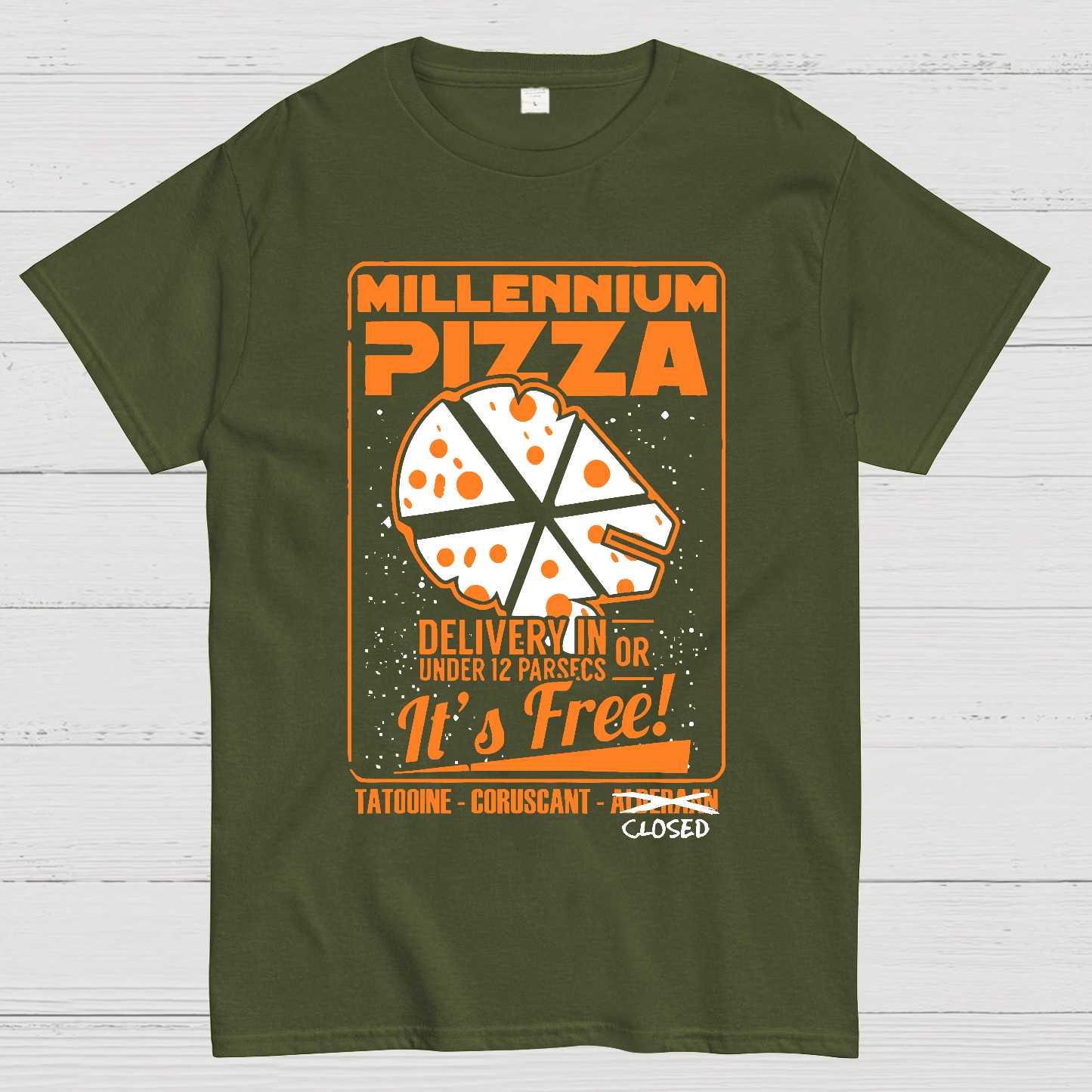 Millennium Pizza Delivery In Or Under 12 Parsecs It's Free! Tatodine Coruscant-Alderari Closed  T-Shirt