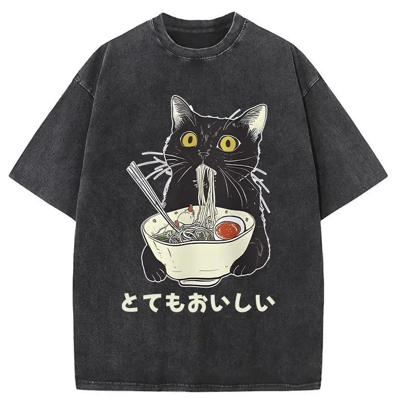 bbb Cats Eat Ramen Noodles Washed T-Shirt