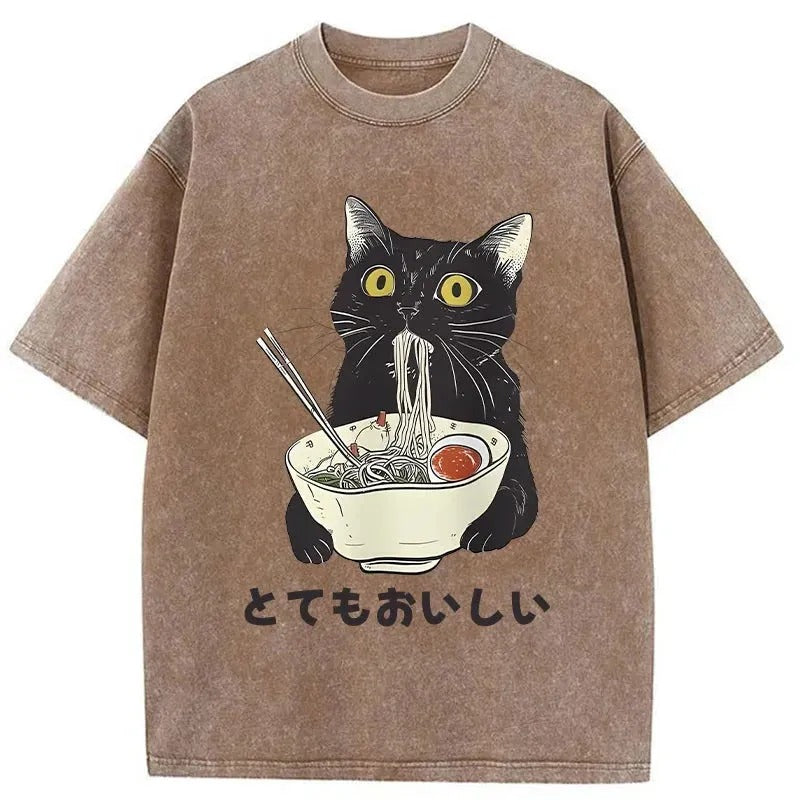 bbb Cats Eat Ramen Noodles Washed T-Shirt