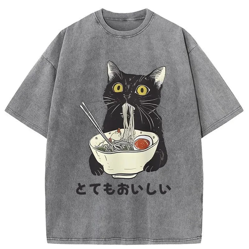 bbb Cats Eat Ramen Noodles Washed T-Shirt
