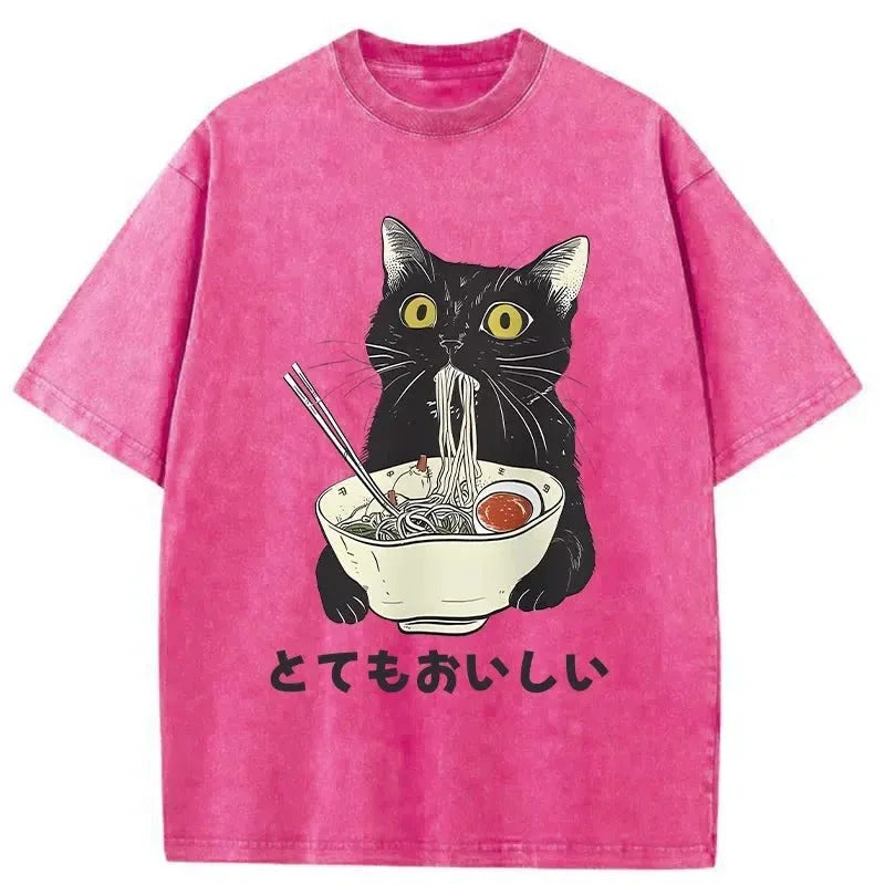 bbb Cats Eat Ramen Noodles Washed T-Shirt