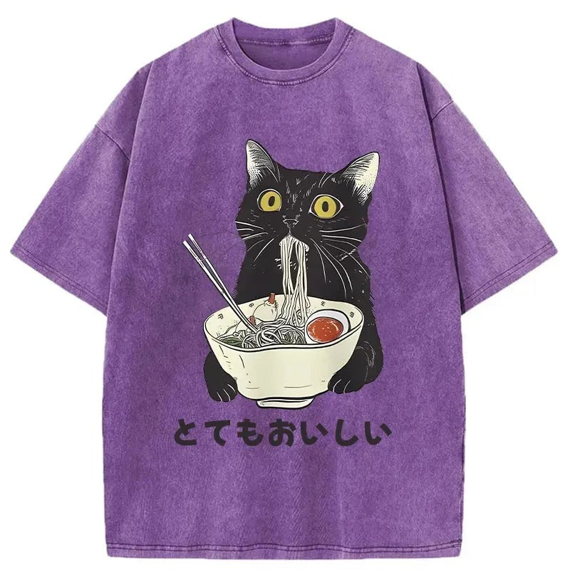 bbb Cats Eat Ramen Noodles Washed T-Shirt