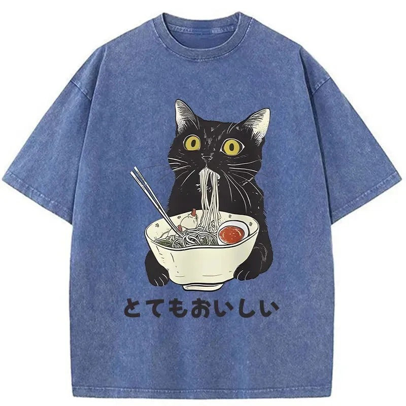 bbb Cats Eat Ramen Noodles Washed T-Shirt