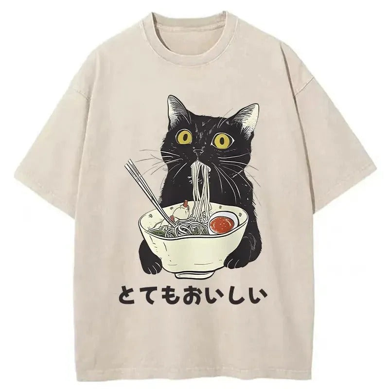bbb Cats Eat Ramen Noodles Washed T-Shirt