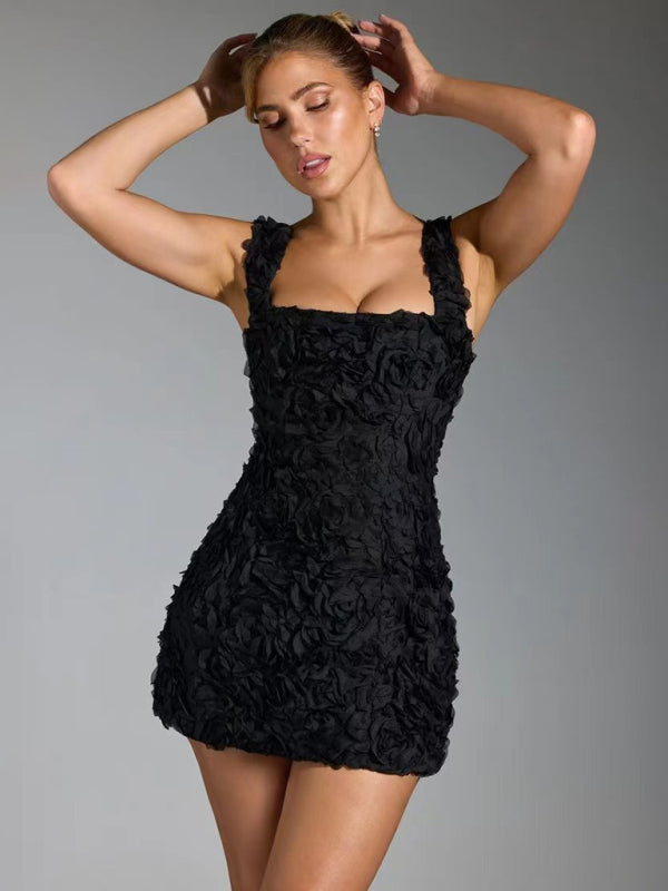 Floral Mini Dress with Suspender Design and 3D Flower Appliqu's for Wedding Guests and Summer Parties