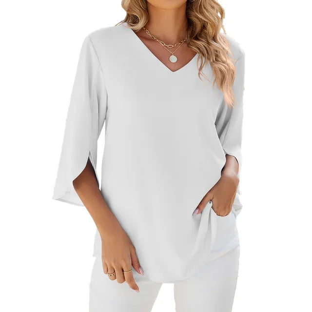 Lightweight V-Neck Women's Blouse, Relaxed Fit Casual Summer Top in Breathable Polyester