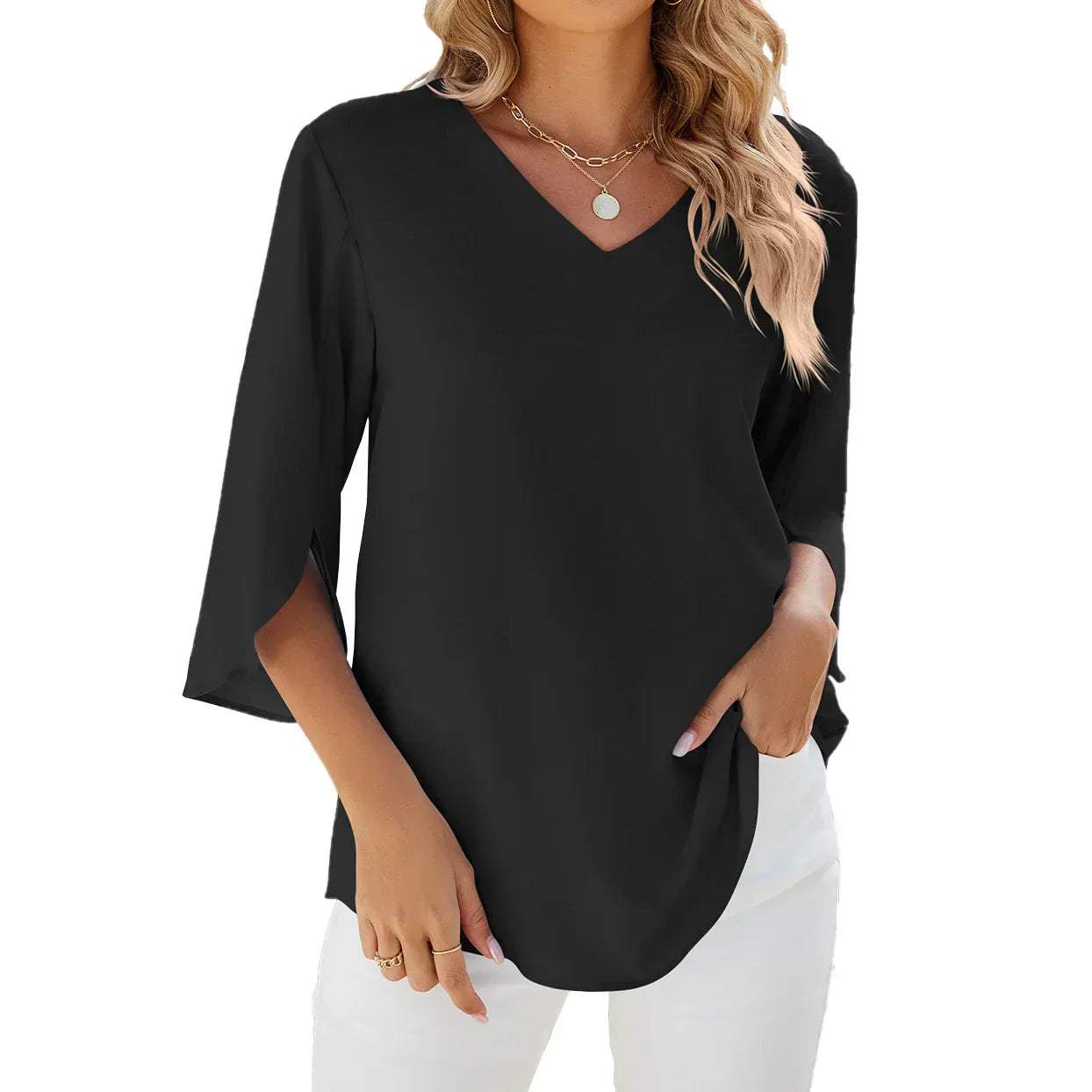 Lightweight V-Neck Women's Blouse, Relaxed Fit Casual Summer Top in Breathable Polyester