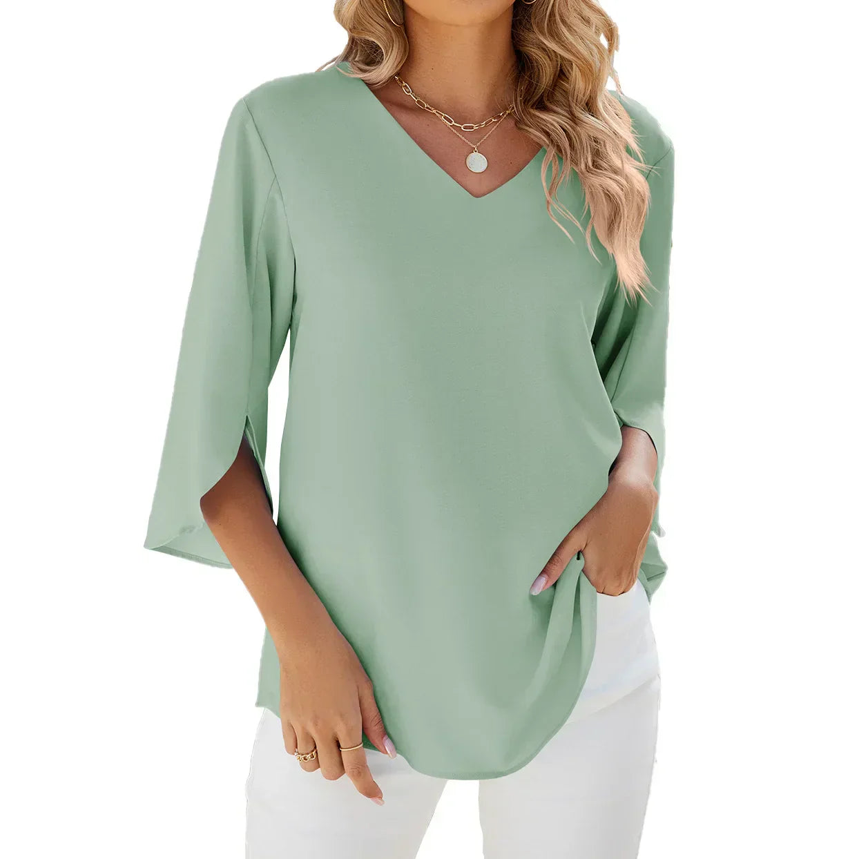 Lightweight V-Neck Women's Blouse, Relaxed Fit Casual Summer Top in Breathable Polyester