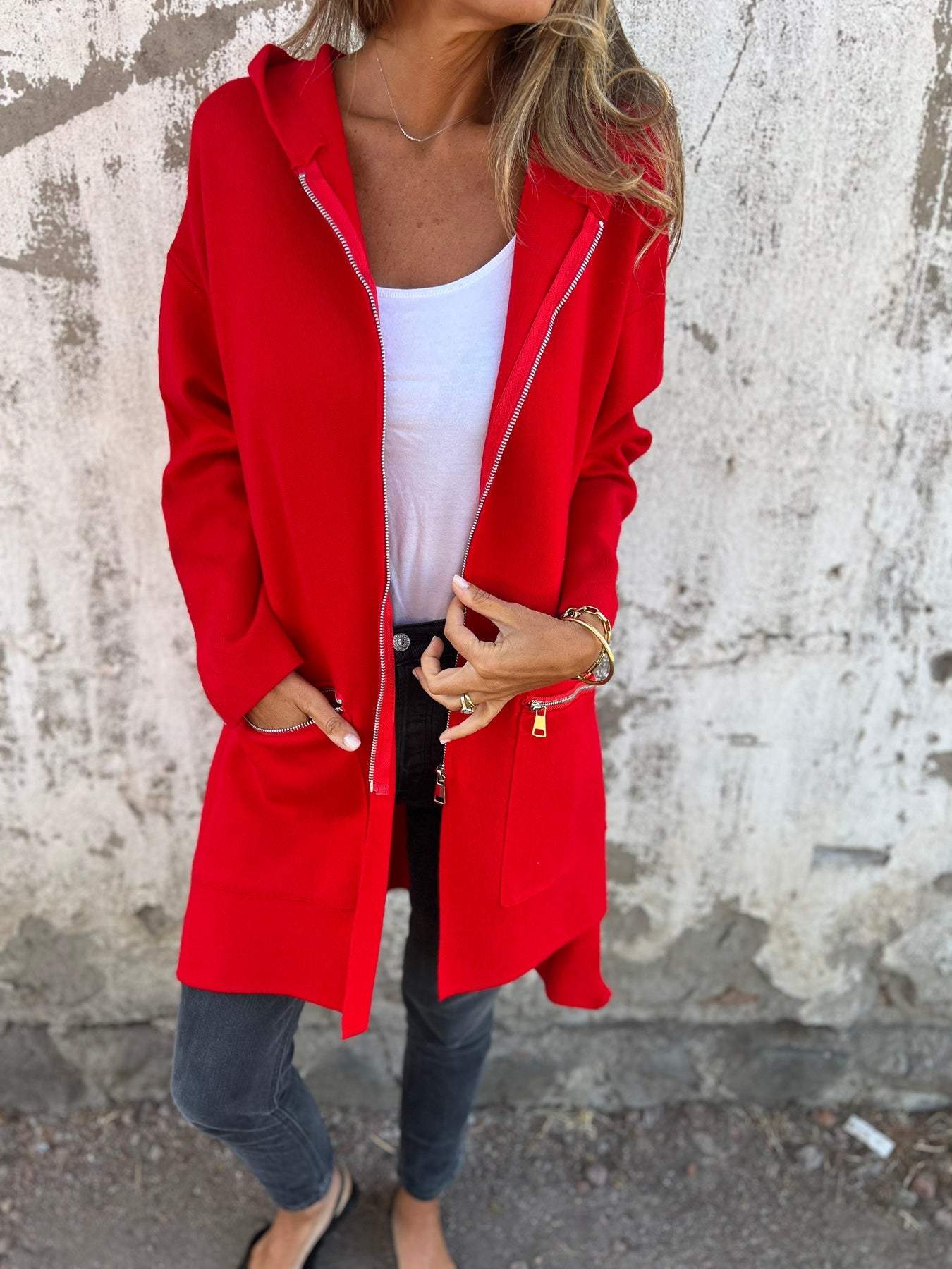 Lightweight Womens Long Hoodie - Fitted Zip Cotton Layering