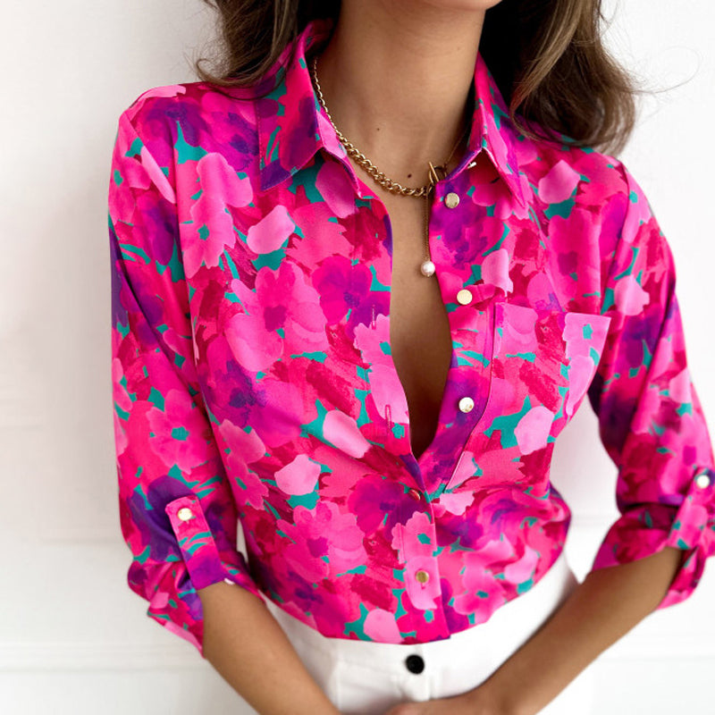 Floral Print Womens Blouse with Lace Collar, Three-Quarter Sleeves, Casual Summer Top for Women