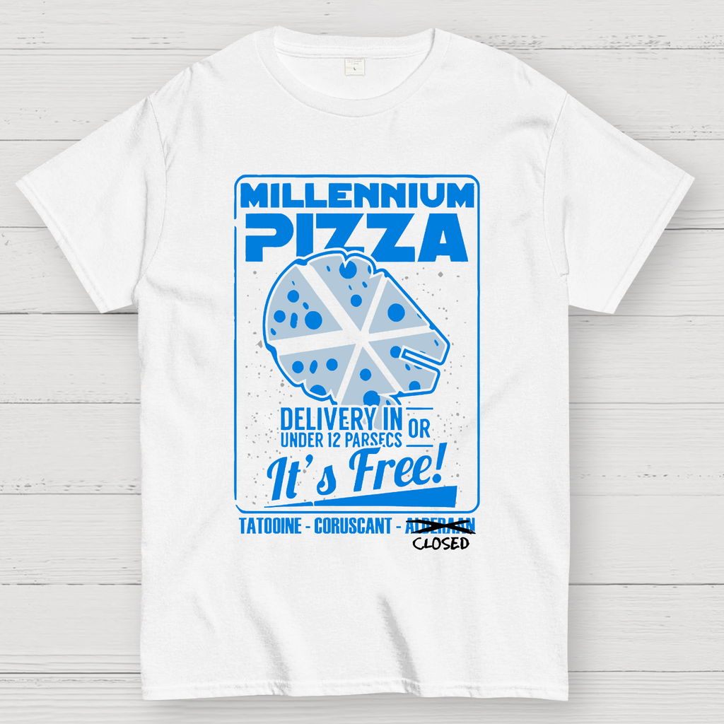 Millennium Pizza Delivery In Or Under 12 Parsecs It's Free! Tatodine Coruscant-Alderari Closed  T-Shirt