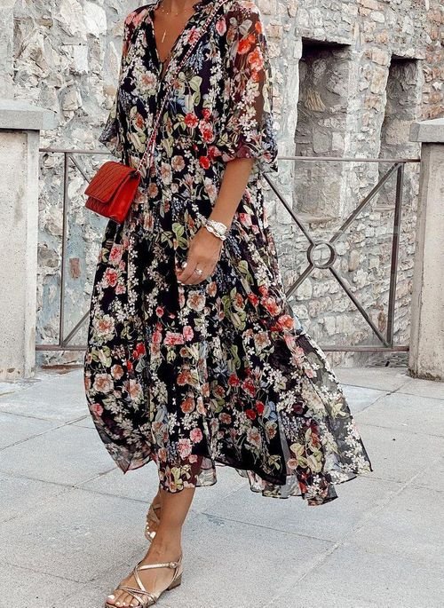 Comfortable Women's V-Neck Floral Dress for Spring and Summer - High-Quality Fabric, Normal Fit, Versatile Style