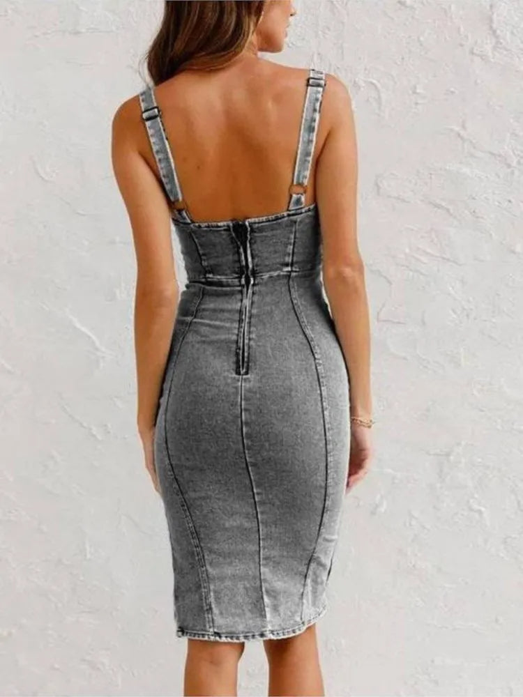 Washed Denim Midi Dress with Adjustable Straps, Bodycon Fit, Side Slit, Deep Circular Neckline for Women