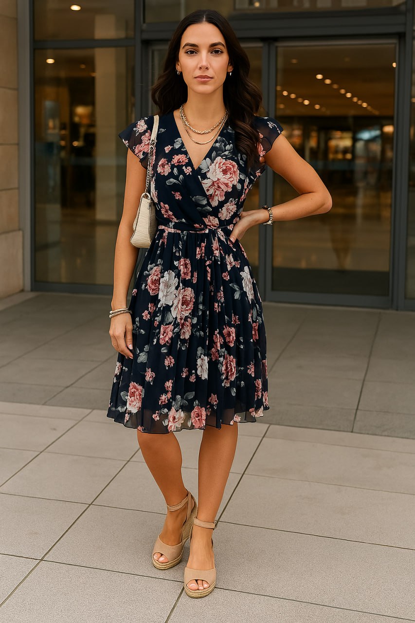 Elegant Floral Wrap Dress for Women - Lightweight Summer Wedding Guest Dress, Knee-Length Cocktail Dress