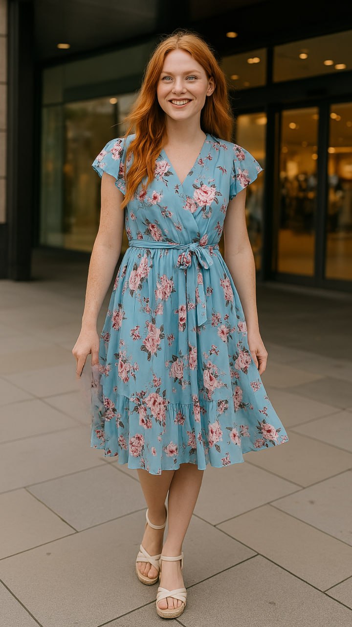 Elegant Floral Wrap Dress for Women - Lightweight Summer Wedding Guest Dress, Knee-Length Cocktail Dress