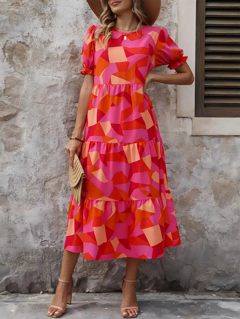 Boho Women's Dress with Puffed Sleeves, Gathered Design, Breathable Fabric, Available in Multiple Colors