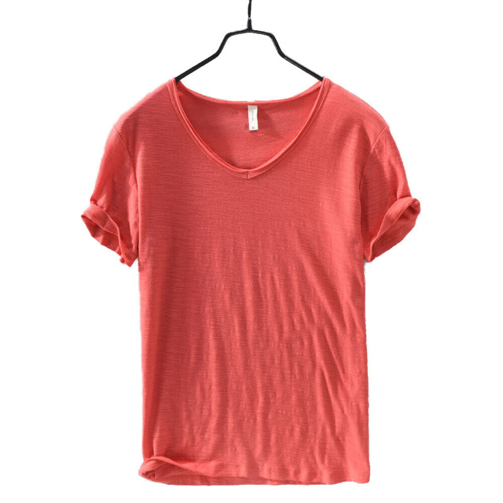 Men's V-Neck Linen Cotton Shirt, Lightweight Short Sleeve Slim-Fit Casual Top for Summer