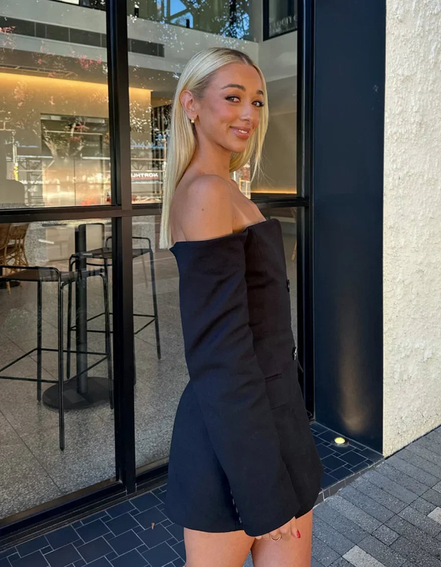 Tailored Off-Shoulder Blazer with Built-In Corset in Italian Suiting Fabric, Long Sleeve Elegant Fit