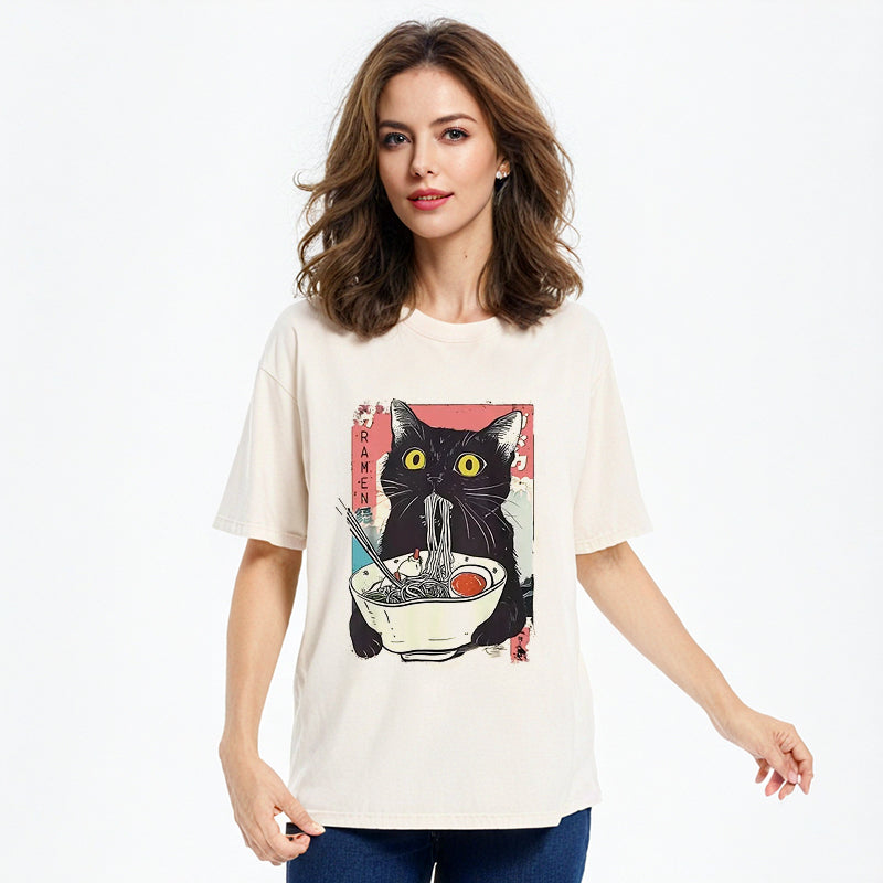 bbb Cute Cat Eating Ramen Washed T-Shirt