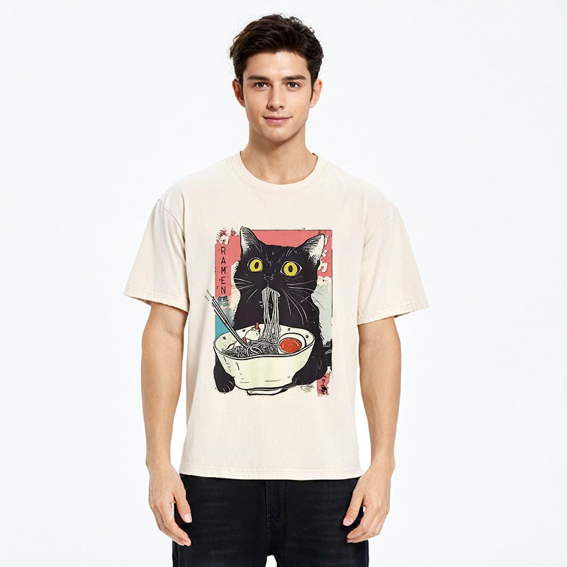 bbb Cute Cat Eating Ramen Washed T-Shirt