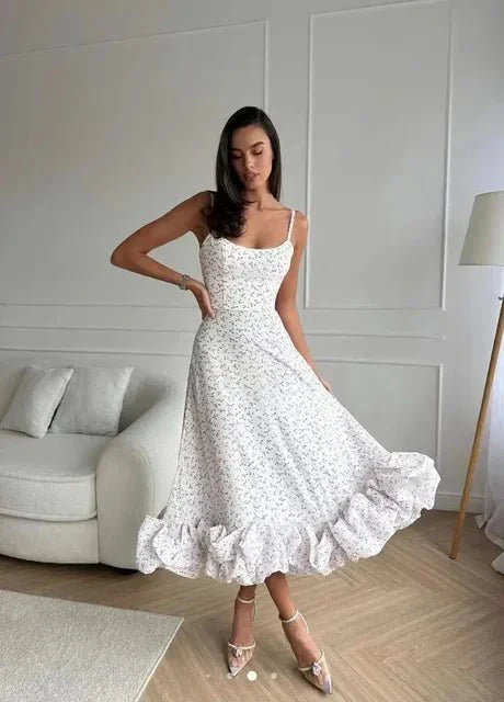 Elegant Floral Maxi Dress with Ruffles, Sleeveless A-Line Long Dress for Women, Summer Party Style