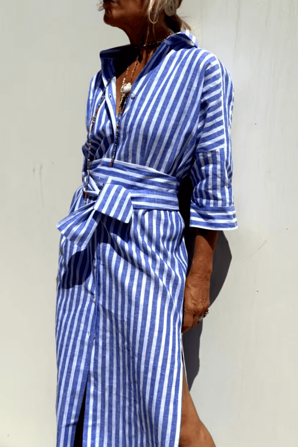 Elegant Women's Blouse Dress in Lightweight Breathable Fabric, Versatile Styling with Classic Button Strip, Available in Pink and Beige