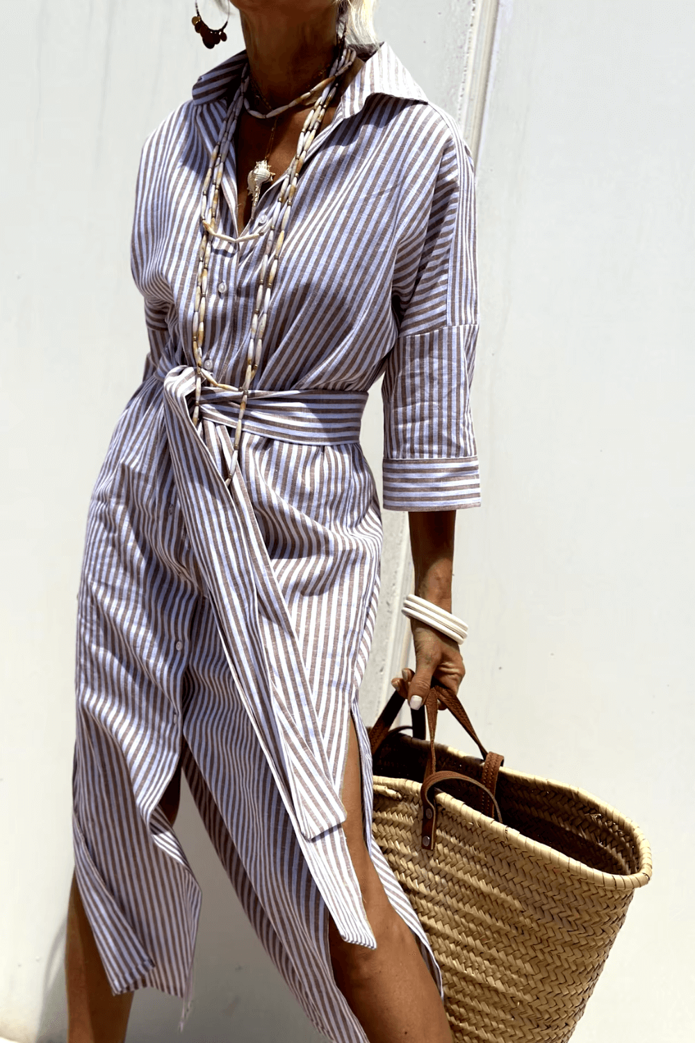 Elegant Women's Blouse Dress in Lightweight Breathable Fabric, Versatile Styling with Classic Button Strip, Available in Pink and Beige