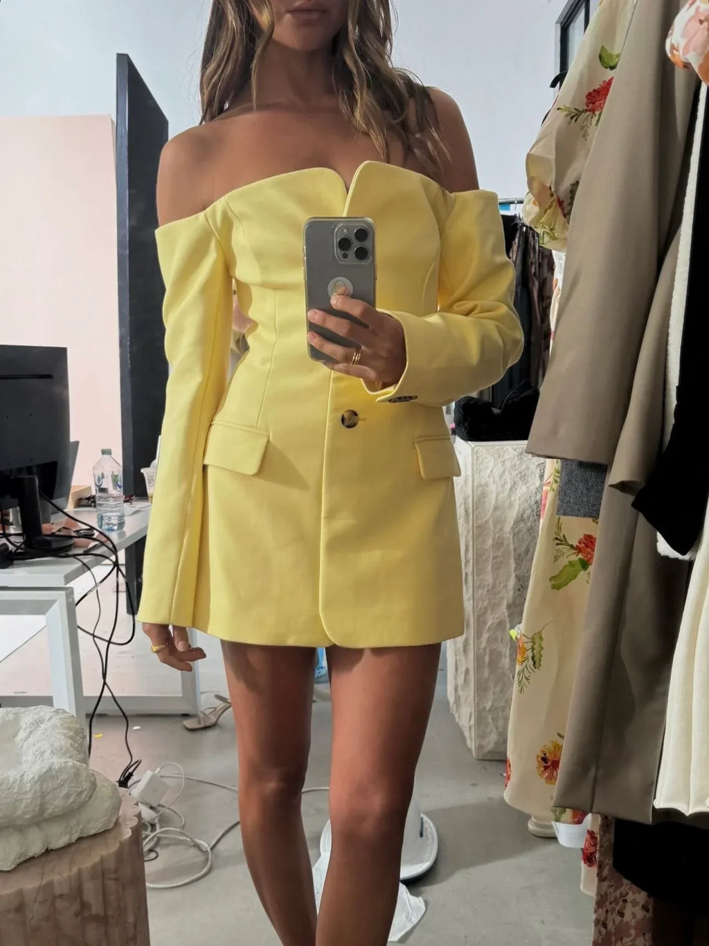 Tailored Off-Shoulder Blazer with Built-In Corset in Italian Suiting Fabric, Long Sleeve Elegant Fit